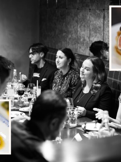 Black and white image of group of people sitting at a table. On the sides are overlaid images of styled food