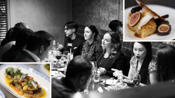Black and white image of group of people sitting at a table. On the sides are overlaid images of styled food