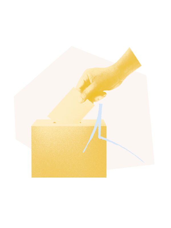 Yellow filtered image of hand placing ballot in box.
