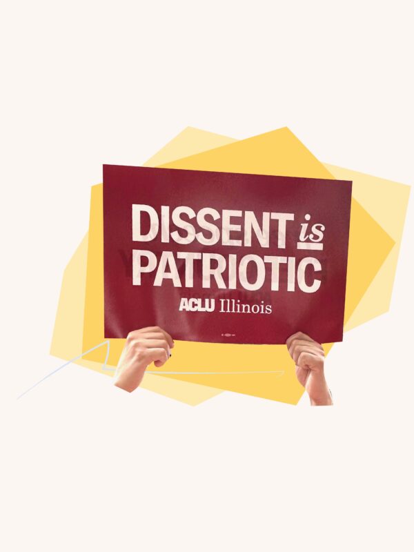 Hands holding "Dissent is Patriotic" sign over yellow geometric shapes