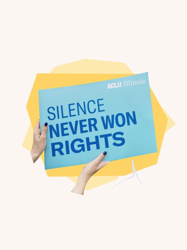 Hands holding "Silence Never Won Rights" sign over yellow geometric shapes