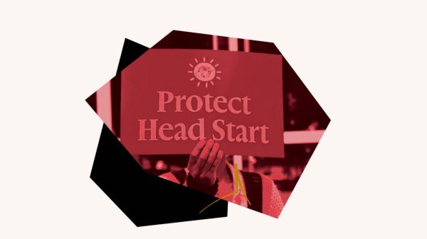 Red filtered image of "Protect Head Start" poster