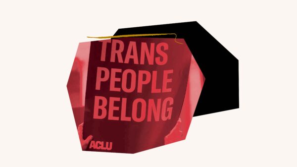 Red filtered image of "Trans People Belong" poster