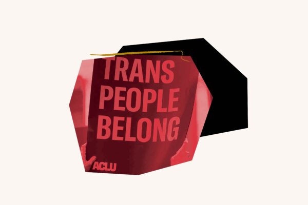 Red filtered image of "Trans People Belong" poster