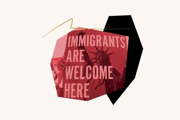 Red filtered image of "Immigrants are Welcome Here" poster