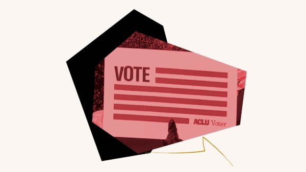 Red filtered image of "Vote" poster over a geometric black shape