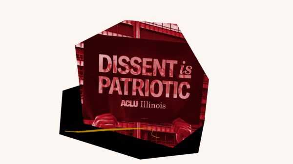 Red and black filtered picture of a dissent is patriotic sign over a black shape.