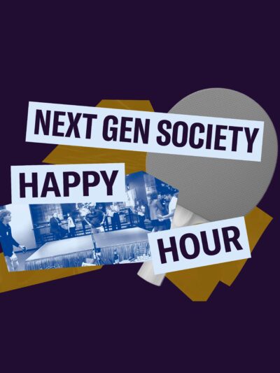 Purple background. Yellow geometric shape with ping pong paddle and blue filtered image of people playing ping pong layered over. Purple text in light blue boxes "Next Gen Society Happy Hour"