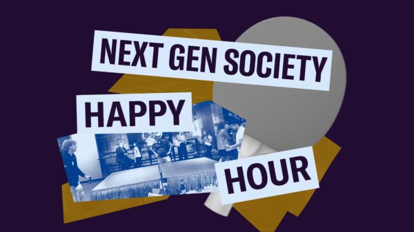 Purple background. Yellow geometric shape with ping pong paddle and blue filtered image of people playing ping pong layered over. Purple text in light blue boxes "Next Gen Society Happy Hour"