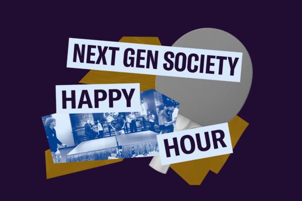 Purple background. Yellow geometric shape with ping pong paddle and blue filtered image of people playing ping pong layered over. Purple text in light blue boxes "Next Gen Society Happy Hour"