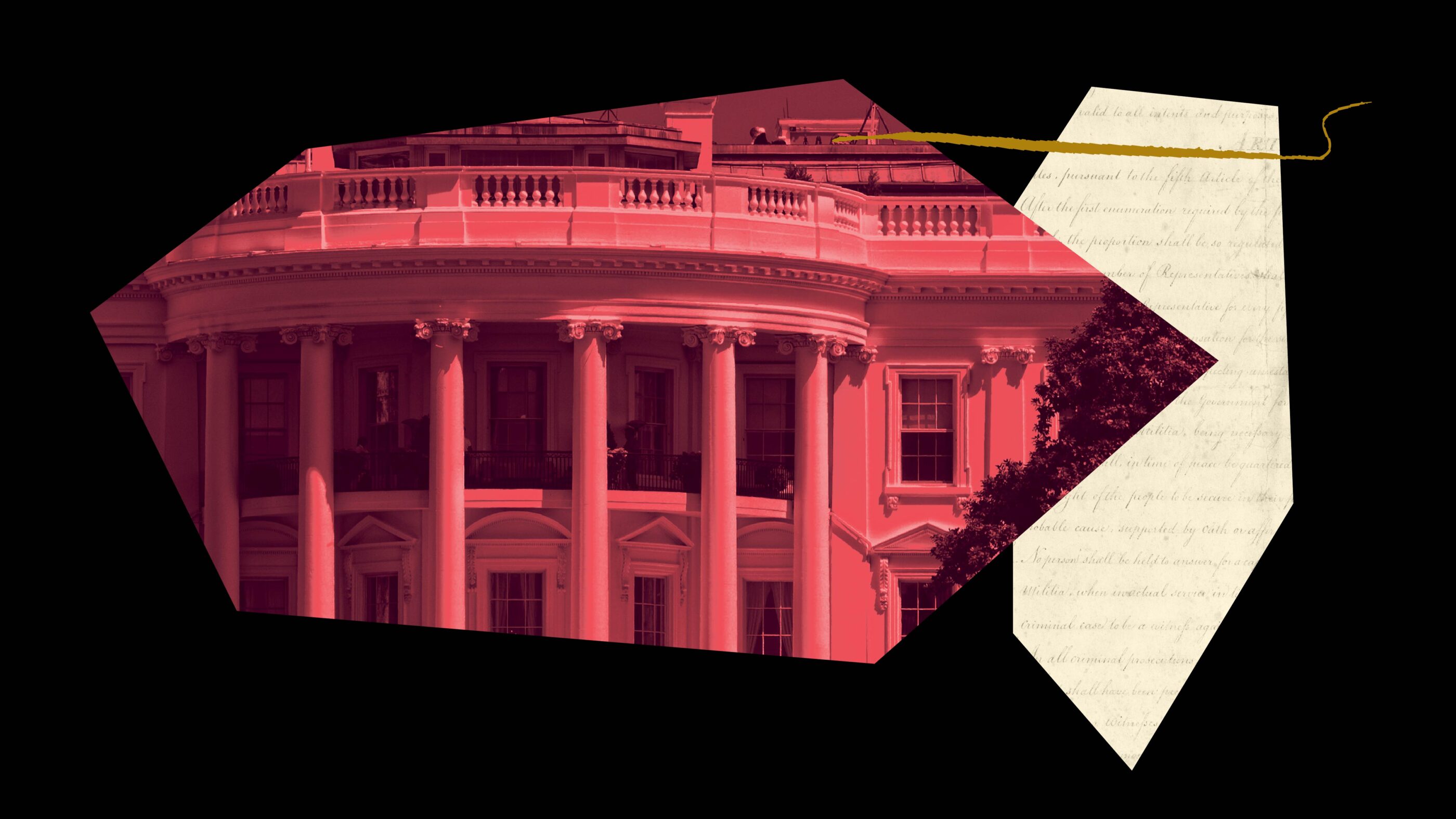 Black background with red filtered image of the White House overlaying an off-white geometric shape