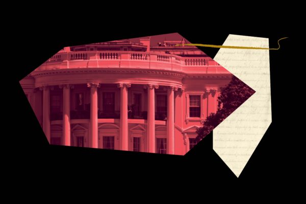 Black background with red filtered image of the White House overlaying an off-white geometric shape