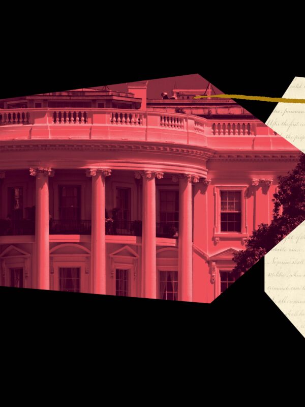 Black background with red filtered image of the White House overlaying an off-white geometric shape