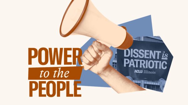Blue filtered image of "Dissent is Patriotic" sign. Overlaid is an orange filtered hand holding a megaphone and maroon text "Power to the People"