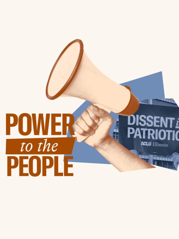 Blue filtered image of "Dissent is Patriotic" sign. Overlaid is an orange filtered hand holding a megaphone and maroon text "Power to the People"