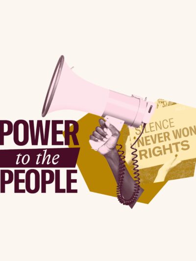 Yellow filtered image of "Silence never won rights" sign. Overlaid is a maroon filtered hand holding a megaphone and maroon text "Power to the People"
