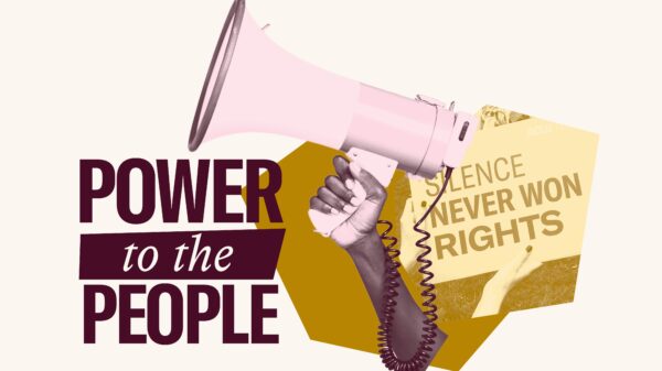 Yellow filtered image of "Silence never won rights" sign. Overlaid is a maroon filtered hand holding a megaphone and maroon text "Power to the People"