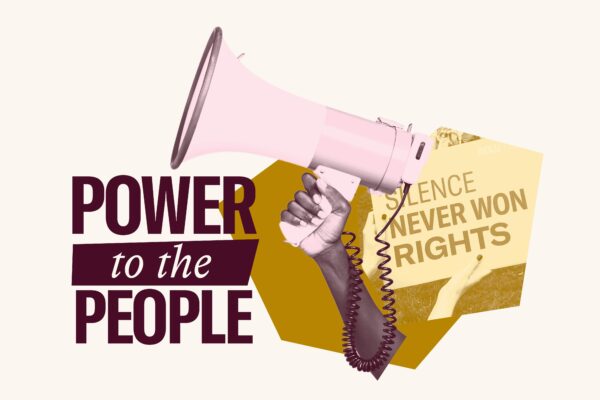 Yellow filtered image of "Silence never won rights" sign. Overlaid is a maroon filtered hand holding a megaphone and maroon text "Power to the People"