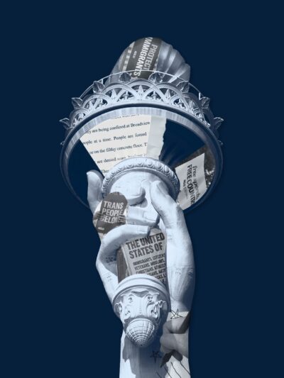 Navy blue background, hand of statue of liberty holding a torch, collagued over images from cases