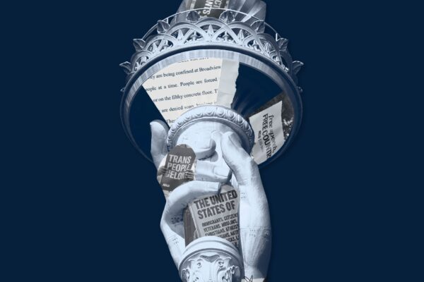 Navy blue background, hand of statue of liberty holding a torch, collagued over images from cases
