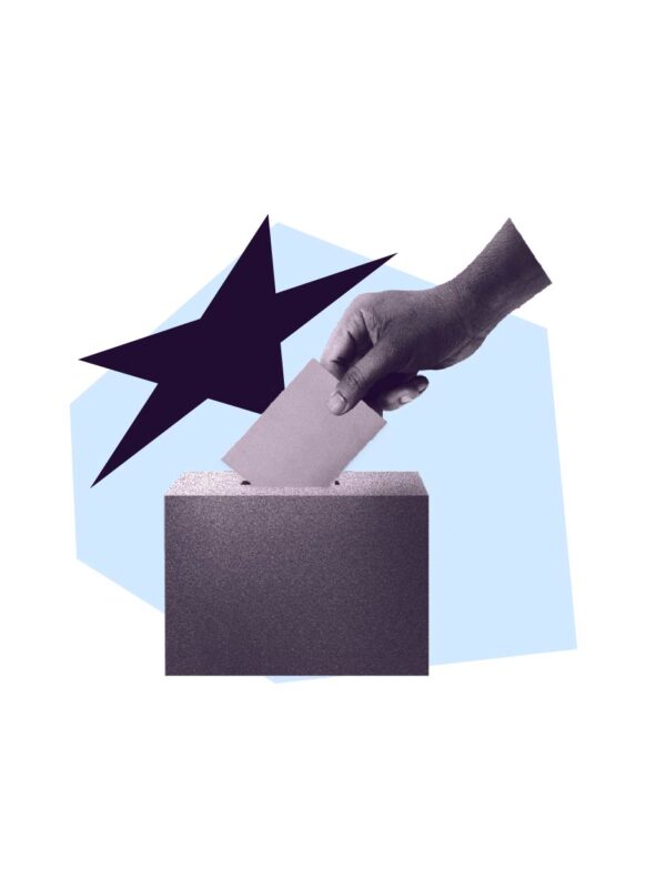purple filtered image of hand putting ballot in ballot box