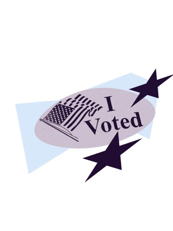 purple filtered image of "I voted" sticker