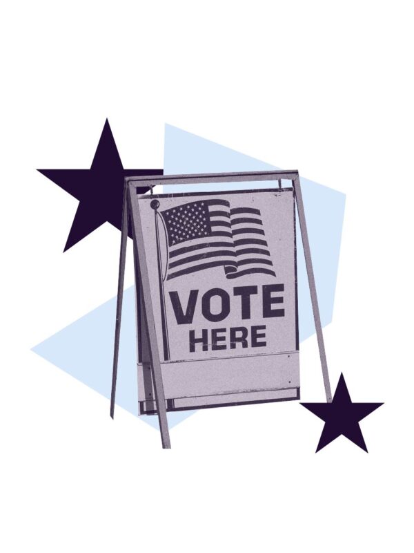 purple filtered image of "vote here" sign