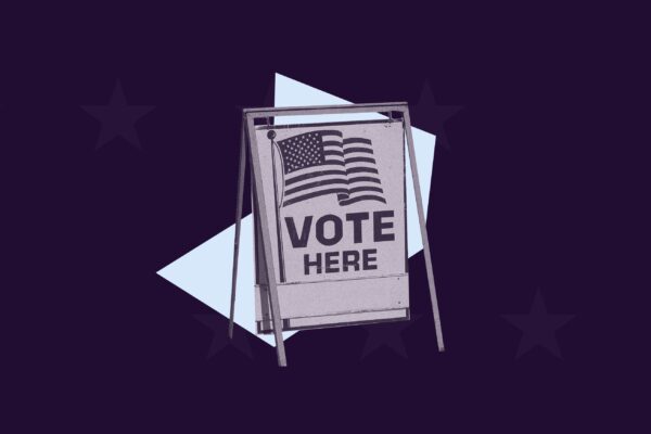 Purple background, purple filtered "vote here" sign