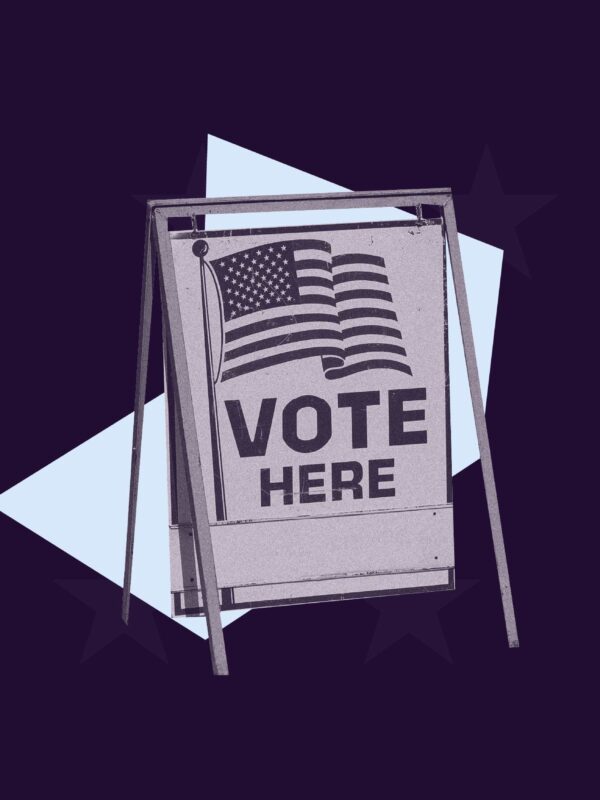 Purple background, purple filtered "vote here" sign