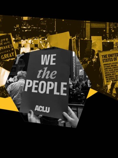 Black and white filtered image of a person holding a "We the People" sign over a yellow filtered image of a group of protestors.