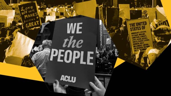 Black and white filtered image of a person holding a "We the People" sign over a yellow filtered image of a group of protestors.