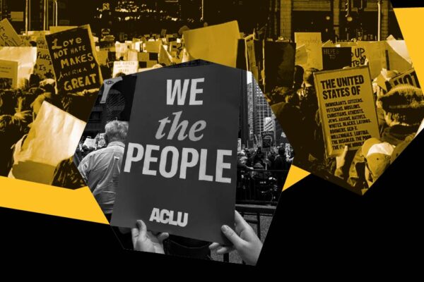 Black and white filtered image of a person holding a "We the People" sign over a yellow filtered image of a group of protestors.
