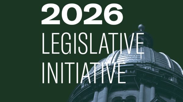 Dark green background with light blue and dark green filtered image of the Springfield State Capitol