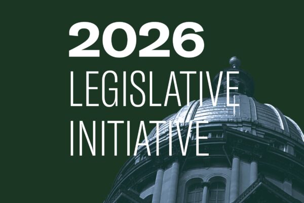Dark green background with light blue and dark green filtered image of the Springfield State Capitol