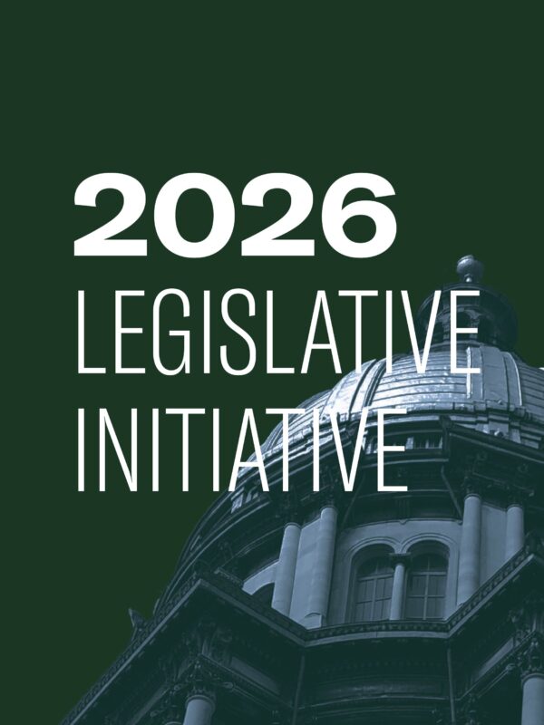 Dark green background with light blue and dark green filtered image of the Springfield State Capitol