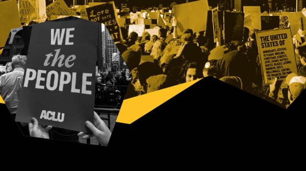 Black and white filtered image of a person holding a "We the People" sign over a yellow filtered image of a group of protestors.