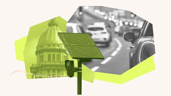 Neon filtered image of the Springfield Capitol Building with a gray filtered image of cars overlaid and a green filtered image of a license plate camera