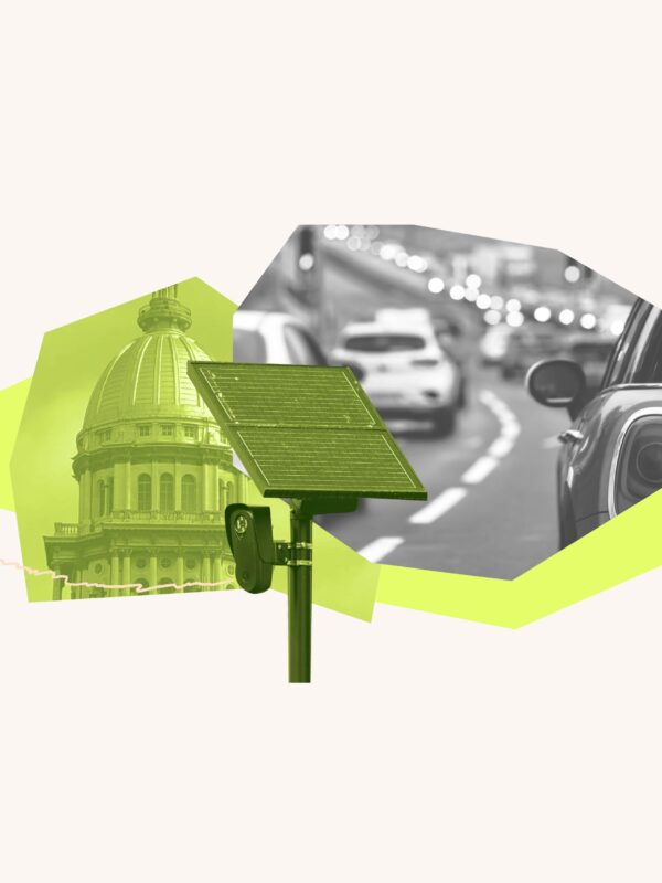 Neon filtered image of the Springfield Capitol Building with a gray filtered image of cars overlaid and a green filtered image of a license plate camera