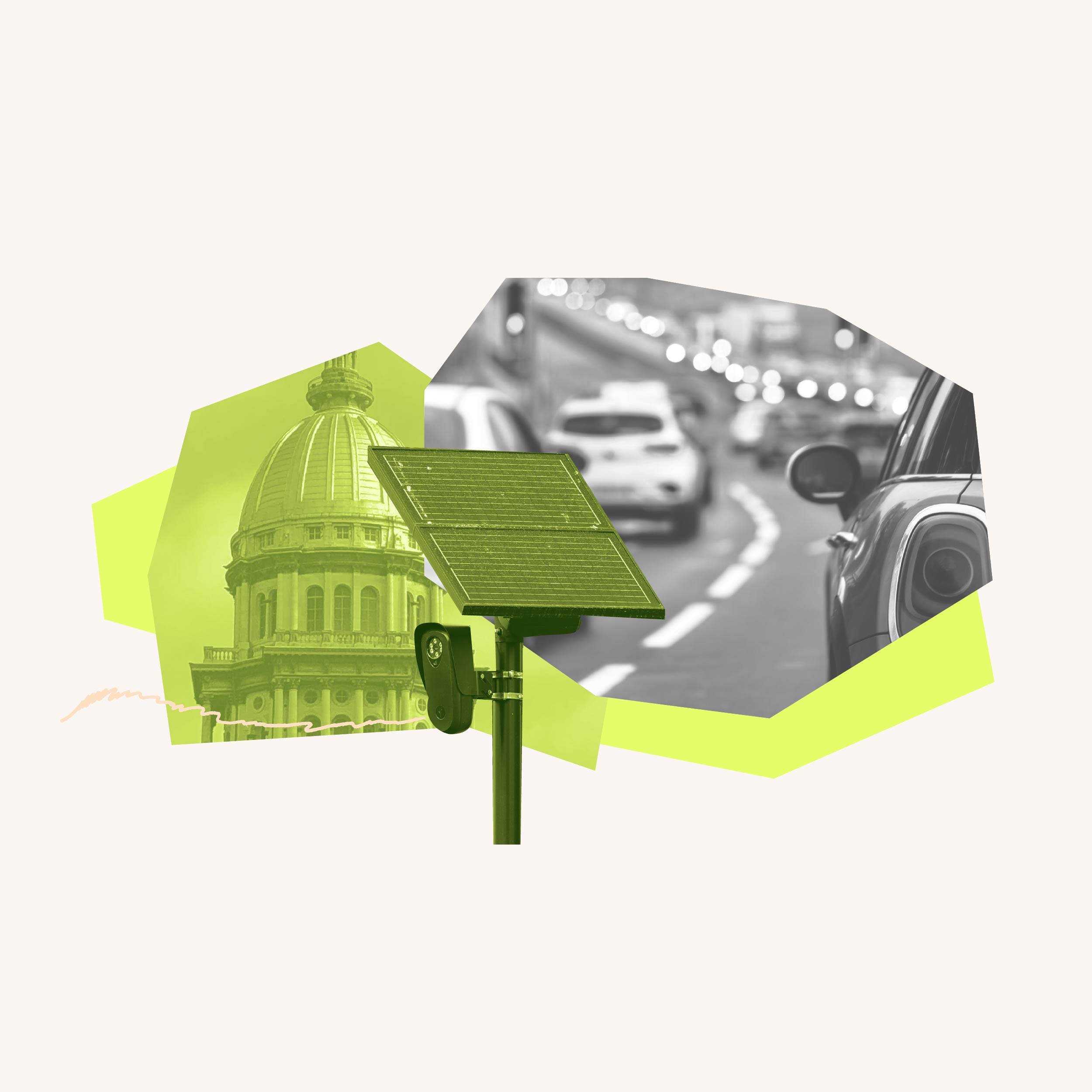 Neon filtered image of the Springfield Capitol Building with a gray filtered image of cars overlaid and a green filtered image of a license plate camera