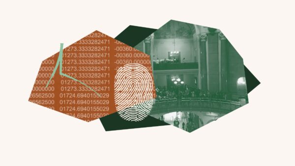 White fingerprint outline over orange data. Green filtered image of the State Capitol Building in Springfield behind
