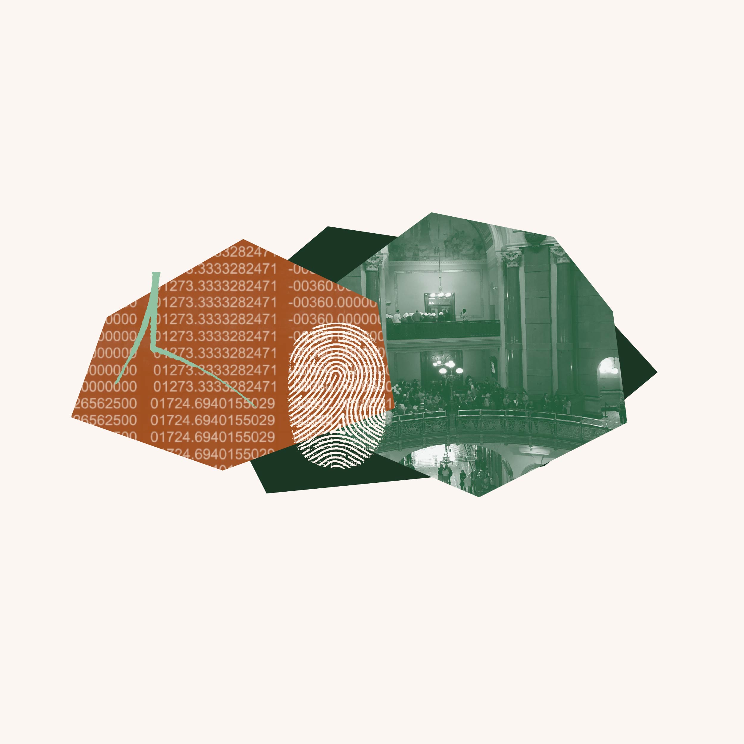 White fingerprint outline over orange data. Green filtered image of the State Capitol Building in Springfield behind