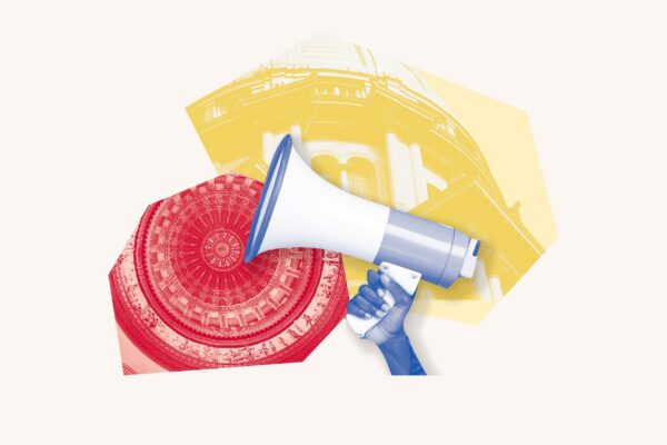 Blue filtered megaphone over red filtered image of the Springfield Capitol ceiling, all over a yellow filtered image of the outside of the building