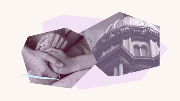 image of adult holding child's hand and purple filtered image of the Springfield Capitol Building