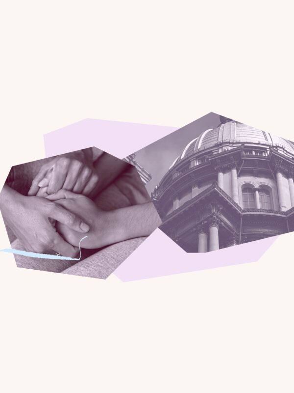 image of adult holding child's hand and purple filtered image of the Springfield Capitol Building