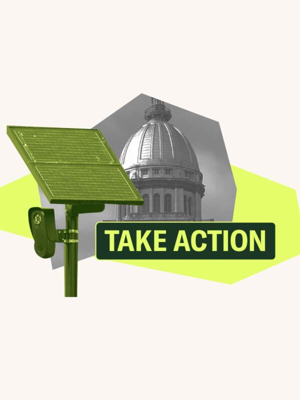 Neon filtered image of the Springfield Capitol Building with a gray filtered image of cars overlaid and a green filtered image of a license plate camera