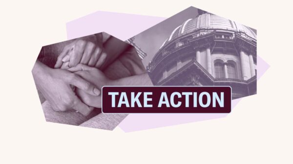 image of adult holding child's hand and purple filtered image of the Springfield Capitol Building