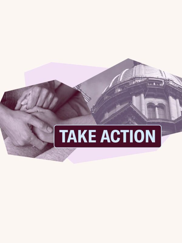 image of adult holding child's hand and purple filtered image of the Springfield Capitol Building