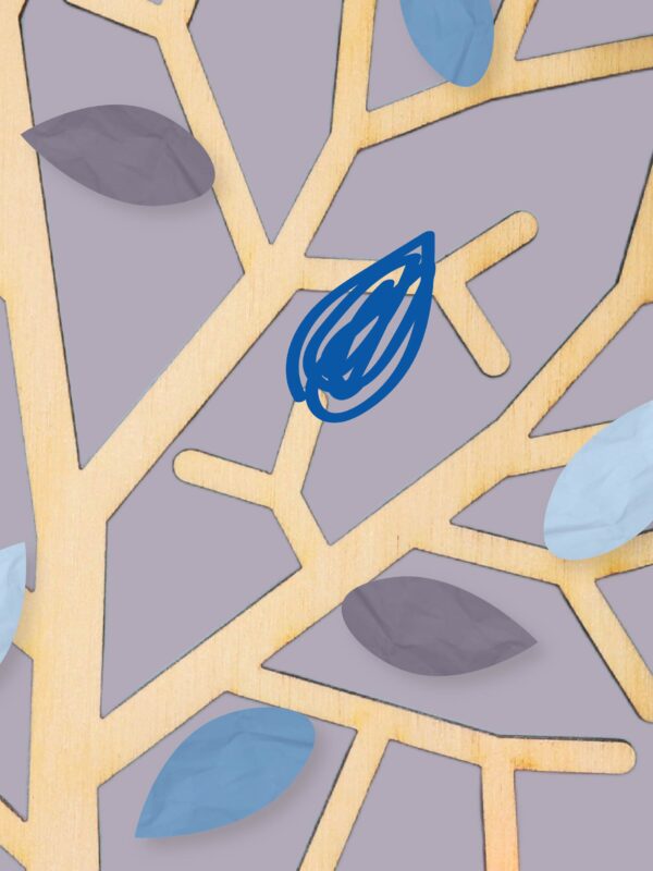 Light purple background. Tree with blue and purple leaves.