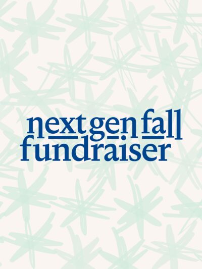 blue text "next gen fall fundraiser" over green drawn stars