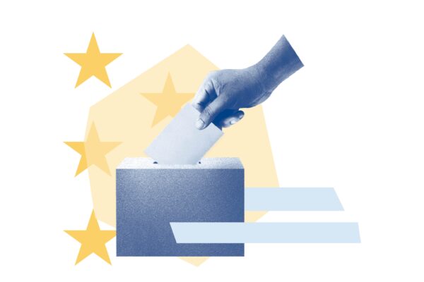 Yellow stars and light blue stripes. Blue filtered hand putting ballot in voting box